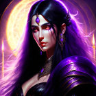 Mystical woman with purple hair and glowing eyes in ornate gold jewelry