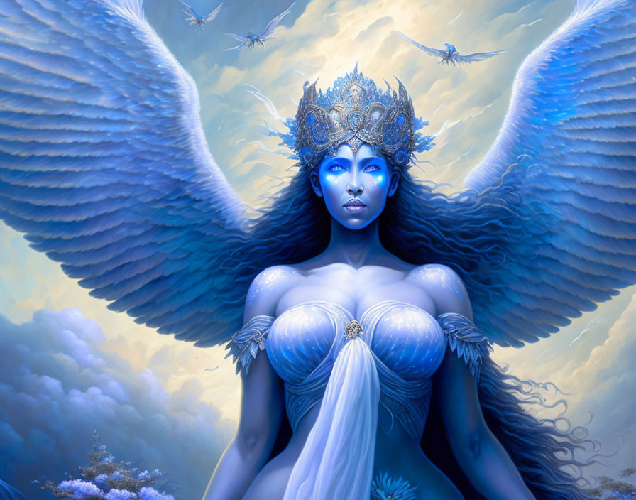 Blue-skinned woman with angelic wings and crown in celestial setting