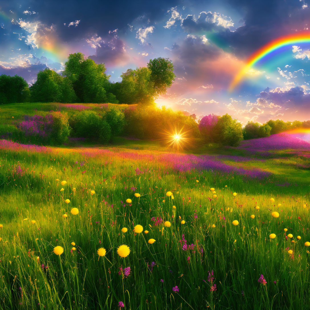 Vibrant sunset scene with wildflowers, sun, and rainbow