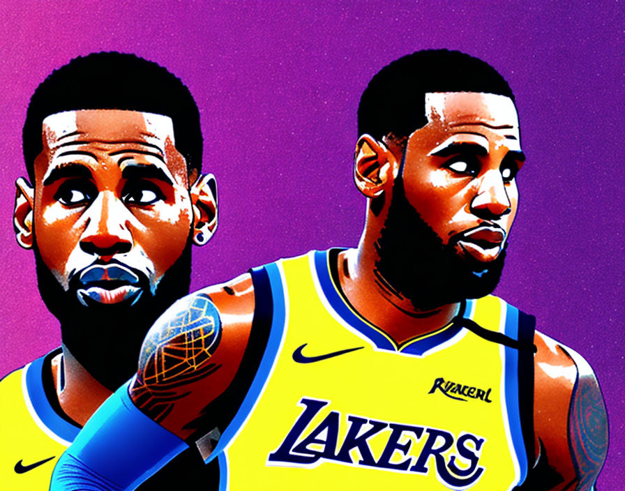 Stylized basketball player in Lakers jersey on purple background