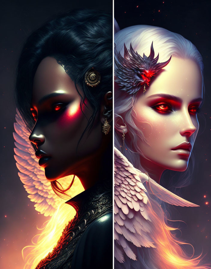 Profile digital artwork: dark and golden female face beside pale one with white feathers and red glowing eye