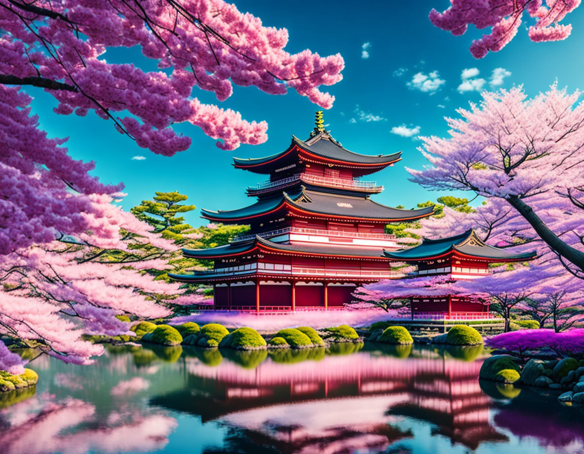 Traditional Japanese Pagoda with Cherry Blossoms and Blue Sky Reflection