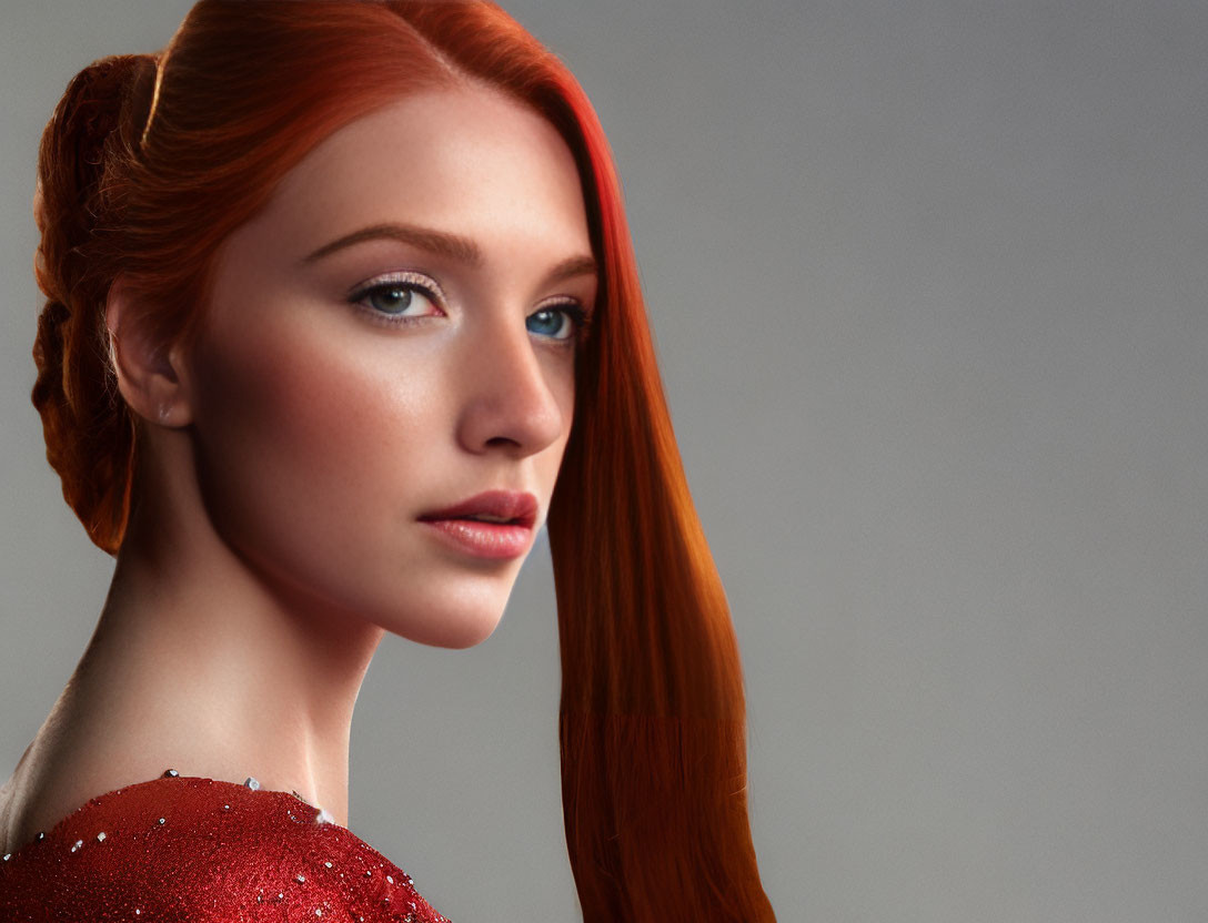 Red-haired woman in red sequined dress with side braid on neutral backdrop