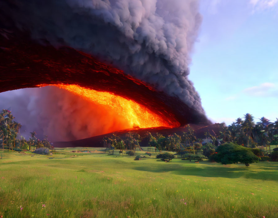 Volcanic eruption: lava flow across green landscape under dark sky