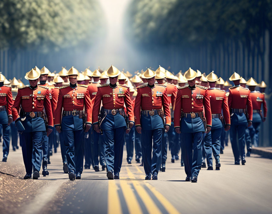 Uniformed personnel marching in formation under sunbeam on tree-lined road