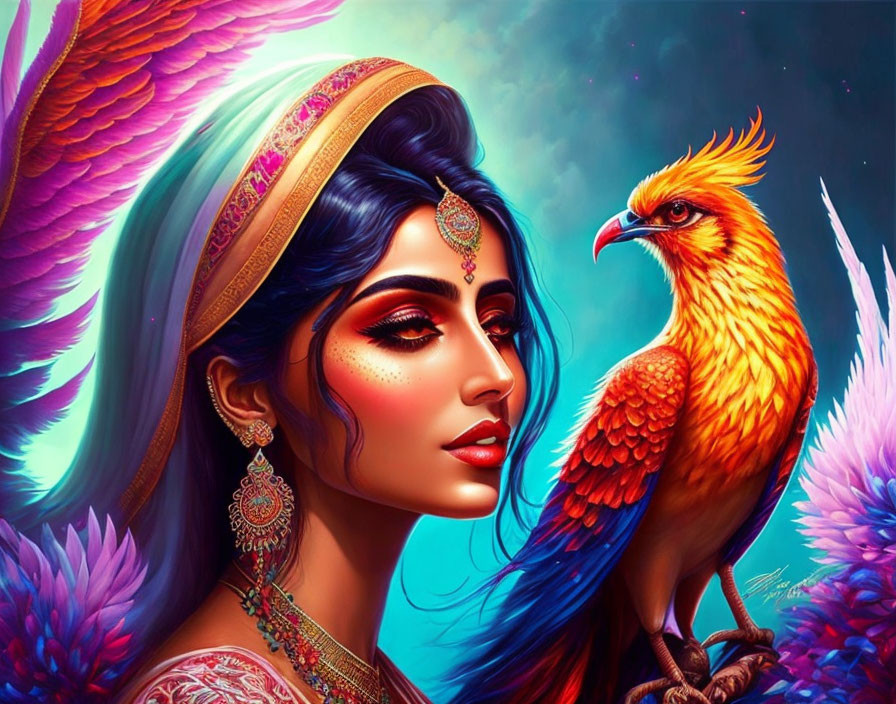 Traditional Indian Woman with Mythical Bird on Colorful Background