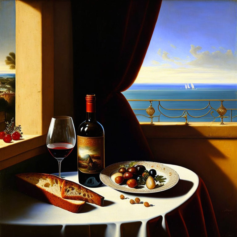 Still life with wine, bread, olives, and sea view with sailboats