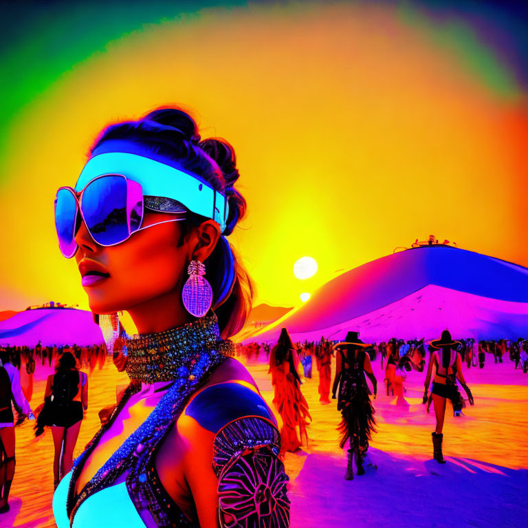 Woman in stylish sunglasses and headband at colorful desert festival.