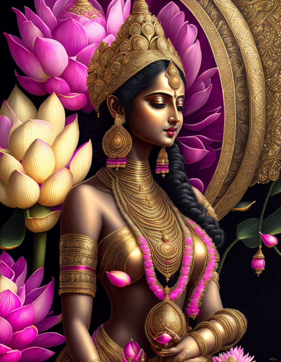 Illustration of woman in Indian jewelry and headdress with pink lotus flowers.