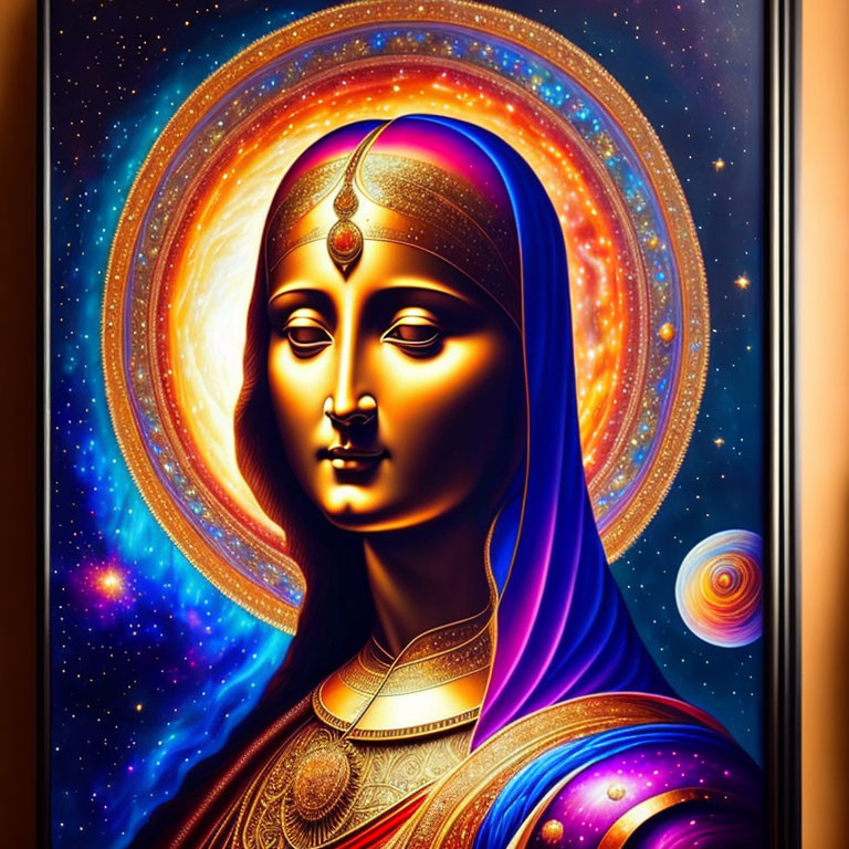 Digital artwork: Woman in Indian jewelry & attire against cosmic backdrop