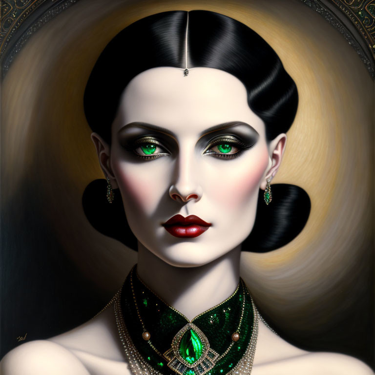 Portrait of woman with green eyes, black hair, emerald jewelry, bindi, and halo effect