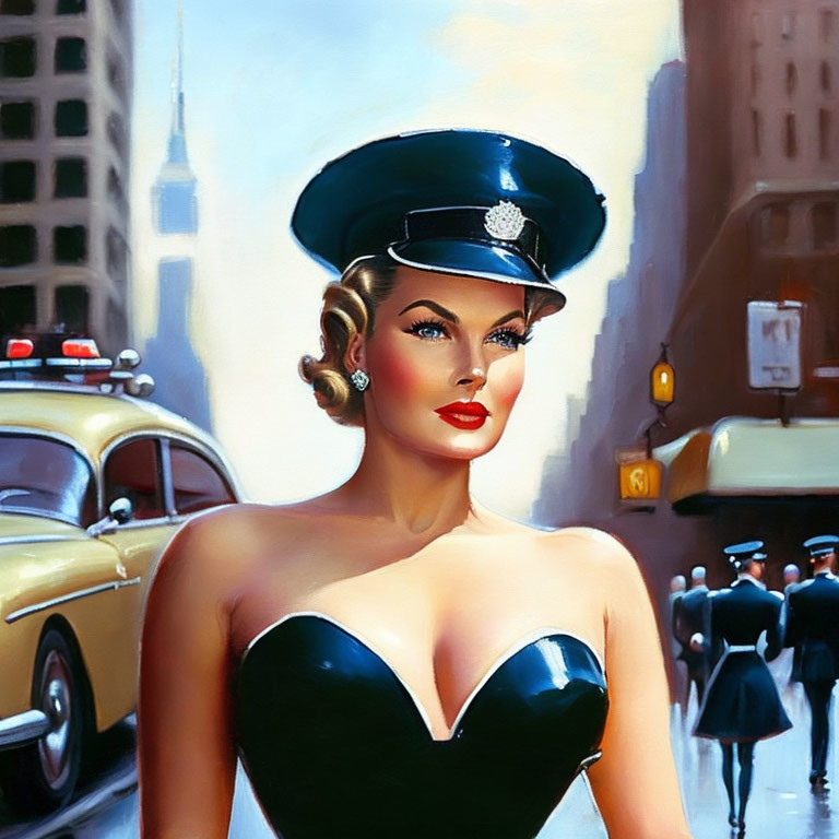 Vintage-style illustration of glamorous woman in police cap, 1950s makeup, black dress, bustling