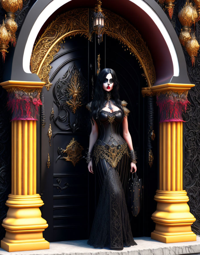 Gothic Woman in Black Corset Dress by Ornate Archway