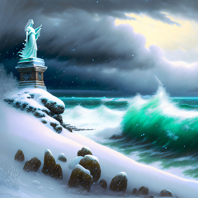 Statue overlooking snowy coast with turbulent waves at twilight