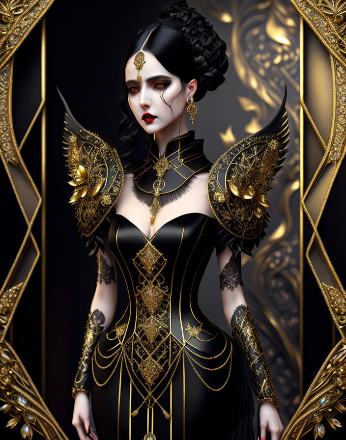 Gothic fantasy woman with black hair and red eyes in ornate black and gold attire