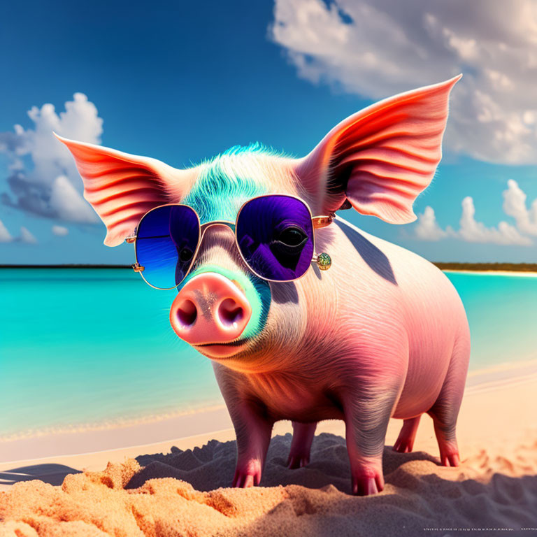 Pink and White Pig in Blue Sunglasses on Beach Shore