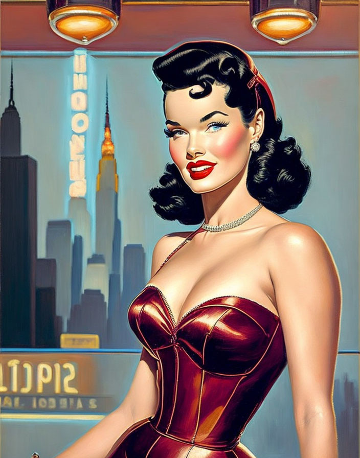 Retro-styled woman in red dress with city skyline backdrop