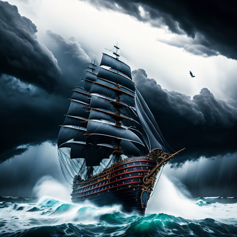 Tall Ship with Dark Sails Sailing in Stormy Seas