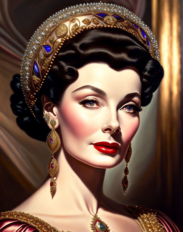 Detailed portrait of woman with elegant hairstyle and bejeweled headpiece.