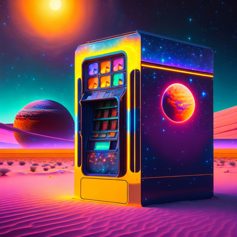 Colorful vintage arcade machine under alien sky with planets in desert scene.