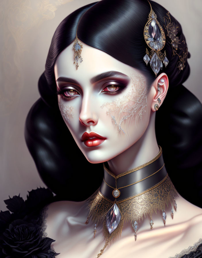 Dark-haired woman with gem-encrusted jewelry in regal portrait