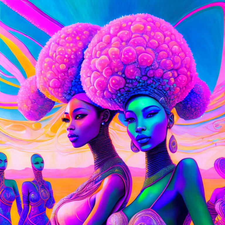 Vibrant, Stylized Women with Elaborate Hairstyles and Bold, Colorful Background