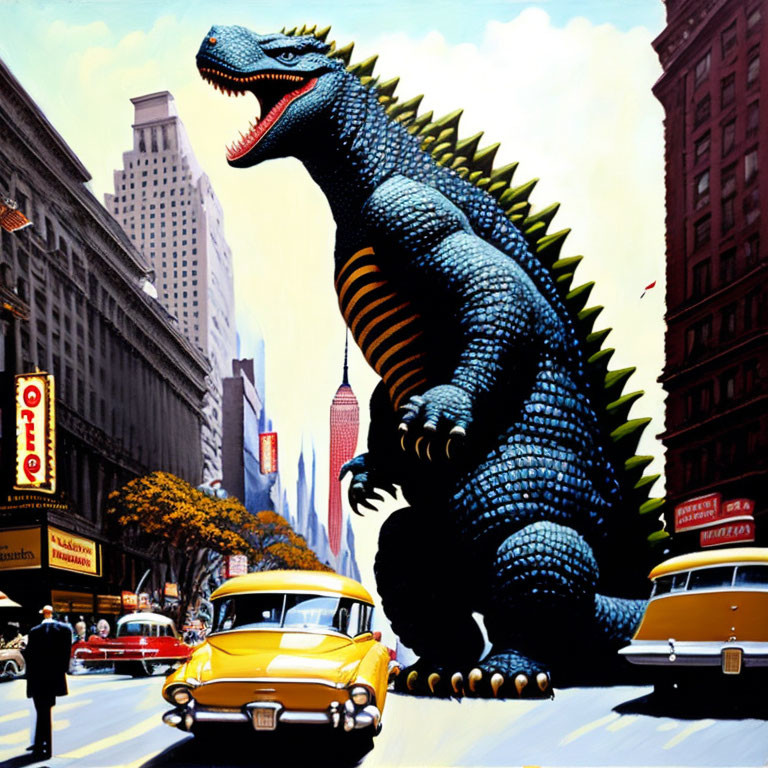 Vibrant Godzilla illustration in city setting with vintage cars and theater marquees