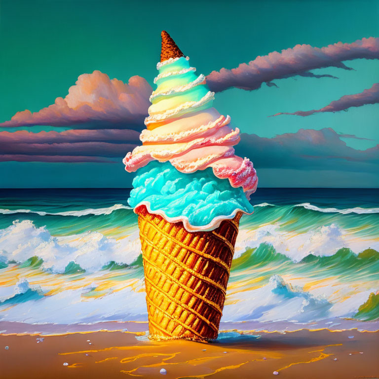 Colorful ice cream cone against ocean backdrop with waves and pastel sky