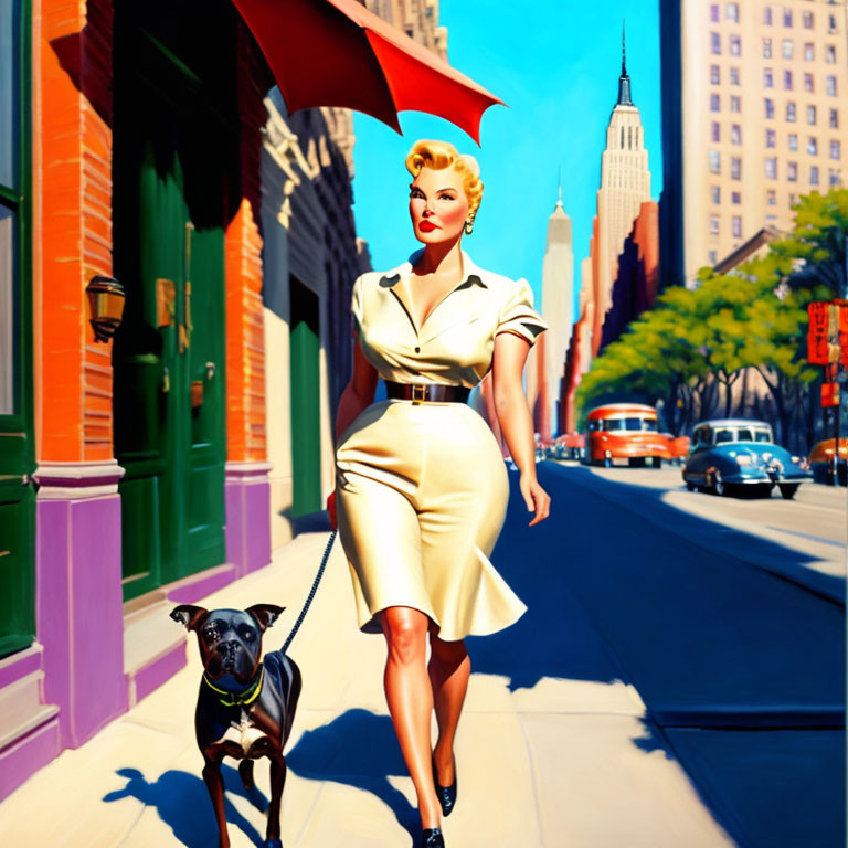 Stylized illustration of woman in vintage dress walking dog in vibrant cityscape