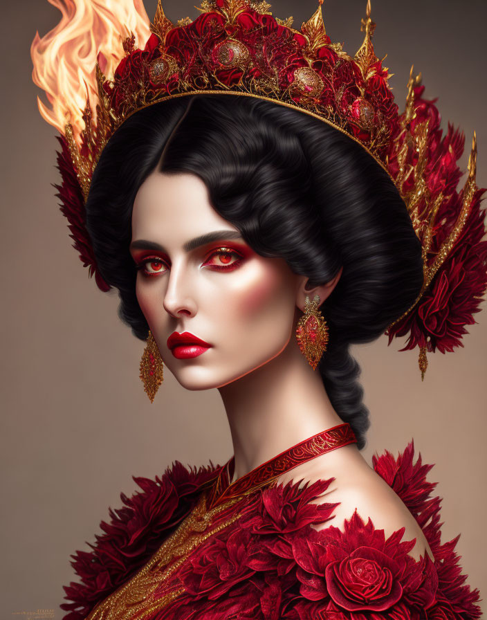 Dark-Haired Woman in Regal Attire with Fiery Crown and Gown