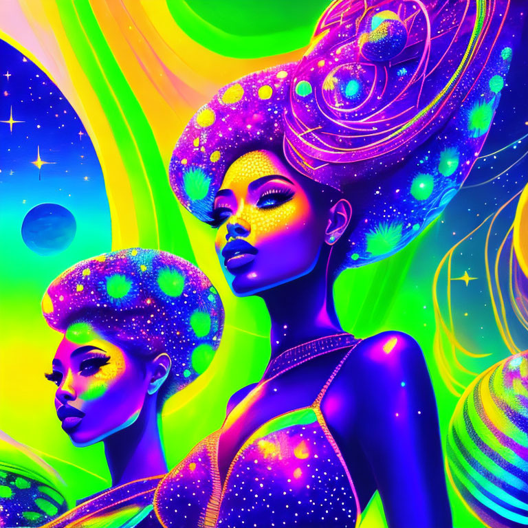 Digital art: Two women with cosmic hair & starry skin on space-themed background.