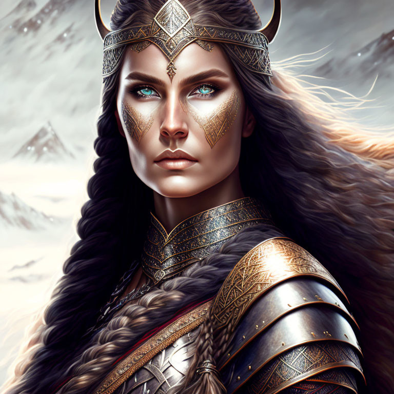 Fantasy female warrior with braided hair and blue eyes in ornate armor against snowy mountain.