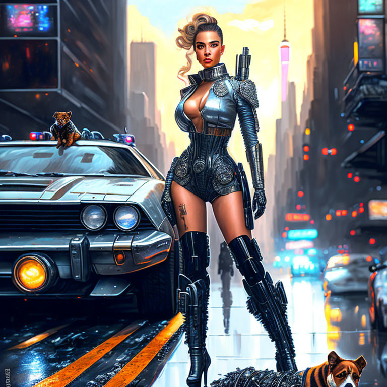 Female warrior in cybernetic armor with robotic animals beside classic car in neon-lit city.