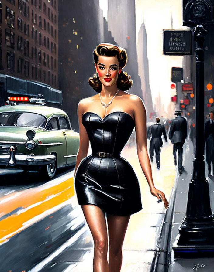 Vintage black dress woman in city street with classic cars and pedestrians