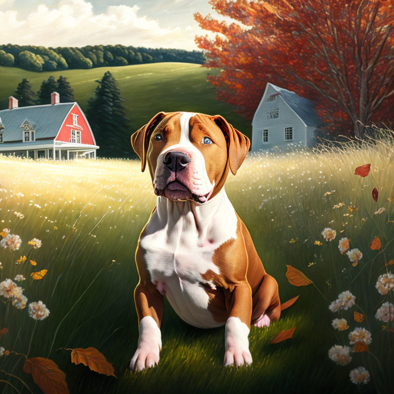 Brown and White Dog Sitting in Sunny Field with Flowers and Houses.