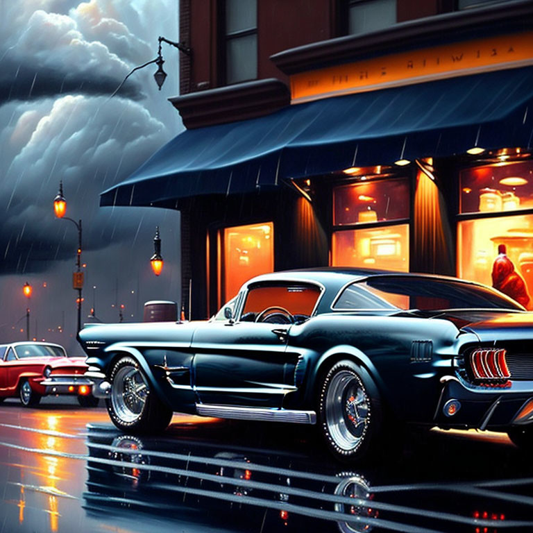 Vintage black muscle car parked on wet city street at dusk with neon signs and other classic cars under rainy