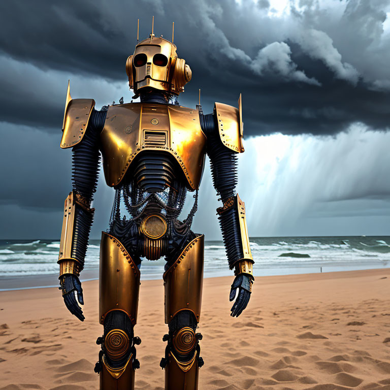 Golden Robot on Sandy Beach with Stormy Skies and Ocean Waves