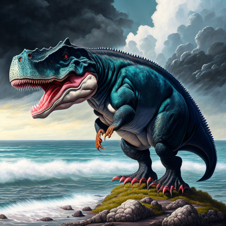 Blue and green Tyrannosaurus Rex by the sea in stormy sky