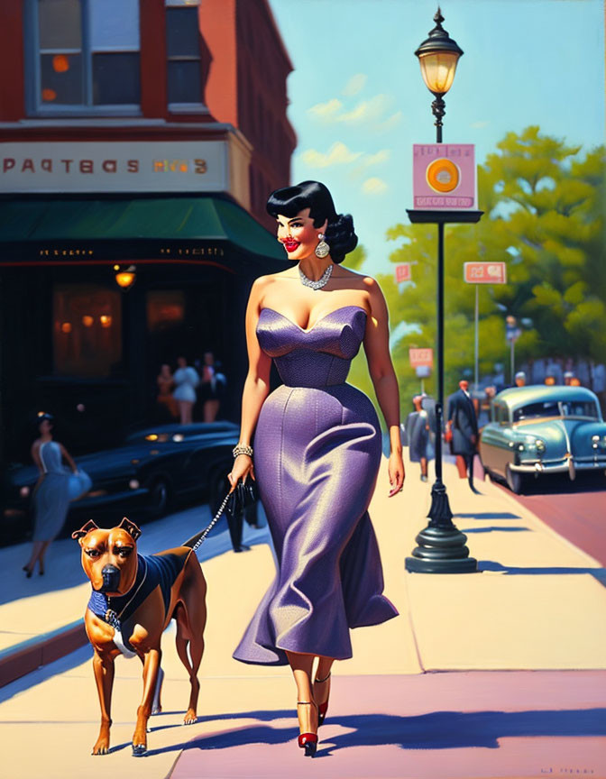 Vintage purple dress on elegant woman walking Doberman in city street.