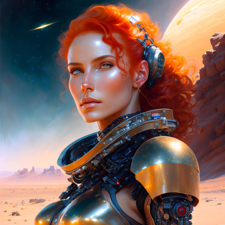 Futuristic female cyborg with red hair in advanced armor on alien landscape