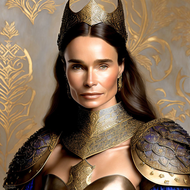 Regal woman in golden armor and crown on gold-patterned background