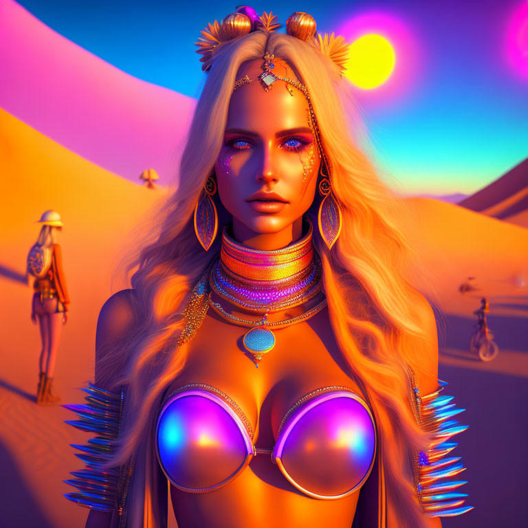 Futuristic woman with elaborate jewelry in desert landscape