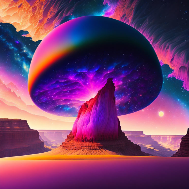 Colorful surreal landscape with colossal planet and desert monolith