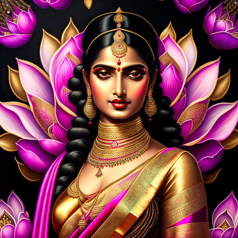 Traditional Attire Woman Illustration with Golden Jewelry and Lotus Flowers