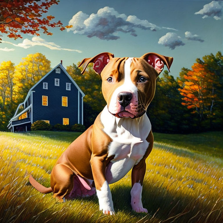 Brown and White Dog in Sunny Field with Blue House and Autumn Trees