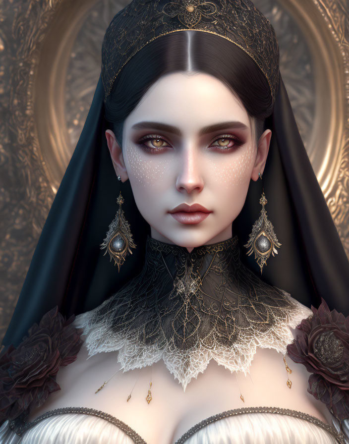 Digital portrait of woman with gothic style: dark makeup, black veil, elaborate jewelry, Victorian collar