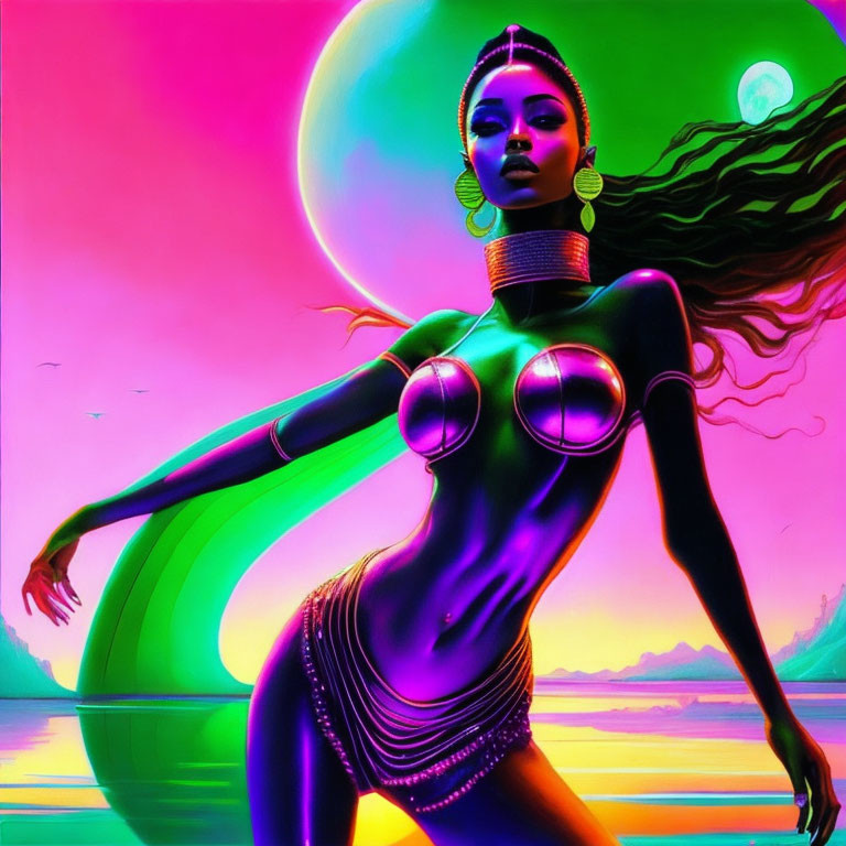 Digital artwork: Stylized woman with green skin and black hair in surreal landscape