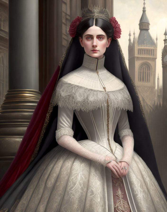 Victorian-era woman in elegant dress with red floral headpiece against architectural backdrop.