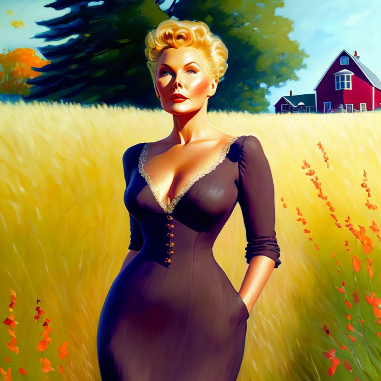 Vintage black dress woman in field with red barn: Classic Americana illustration