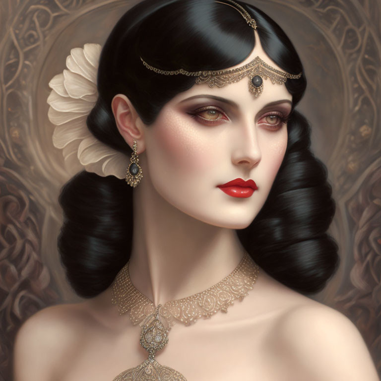 Portrait of a Woman with Black Hair and Ornate Jewelry